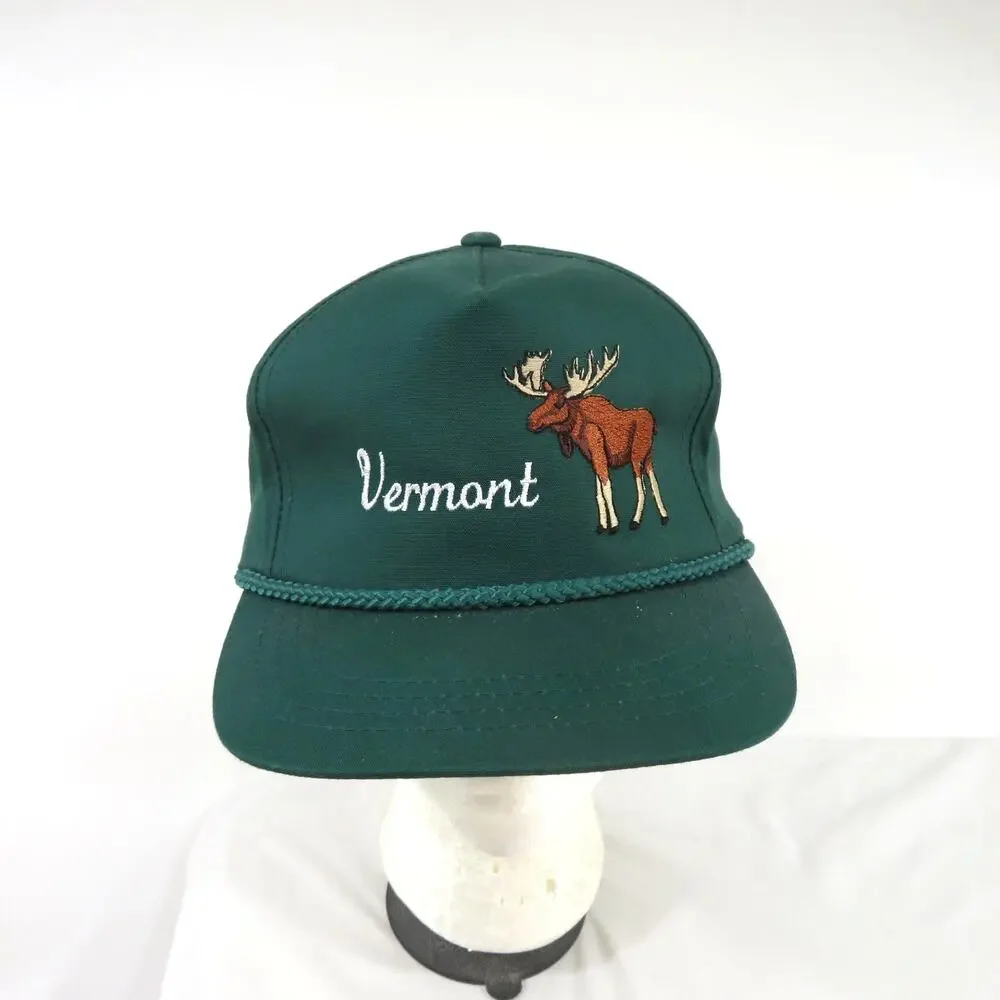 Vermont Moose Hat Trucker Rope Cap Green White Yupoong Adjustable Strap Back 90s
